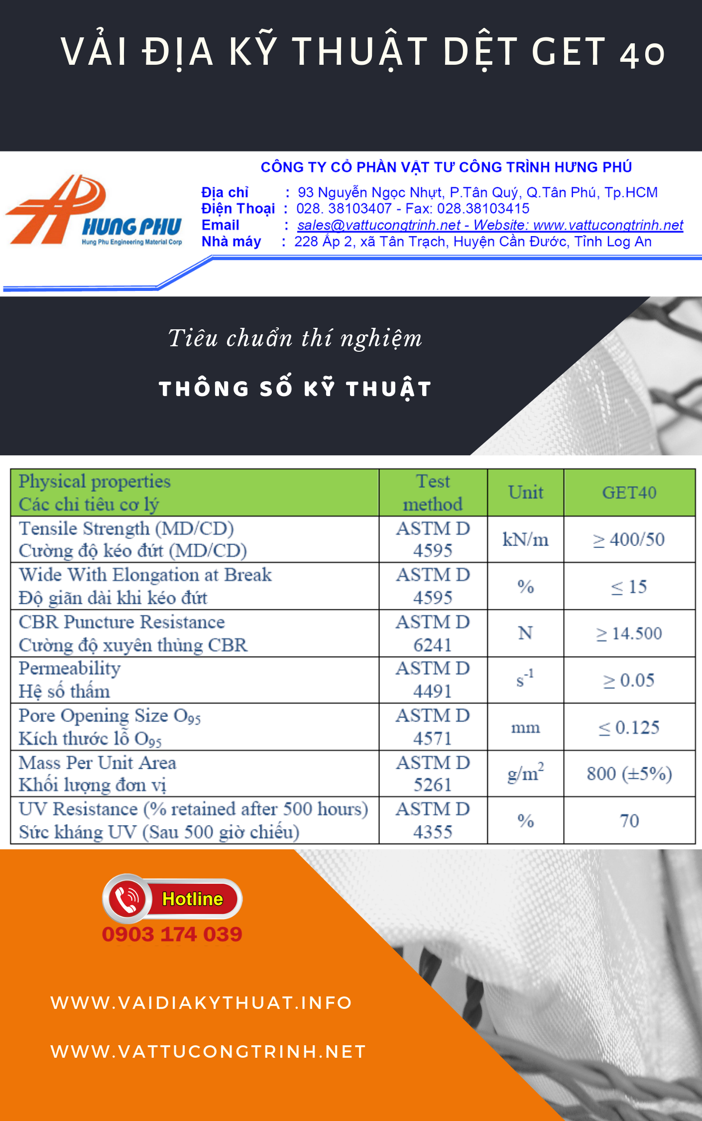 Vải địa kỹ thuật dệt 8 Thông số kỹ thuật vải địa dệt GET 40